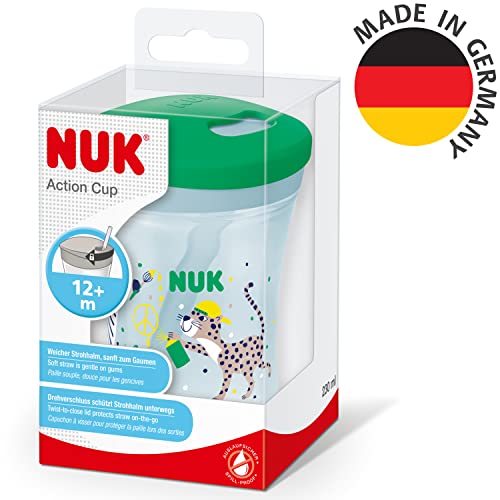 NUK Action Cup Trinkbecher Kinder | 12+ Monate | 230 ml | Drehdeckel mit weichem Strohhalm | auslaufsicher | grüner Leopard – Ansicht 8