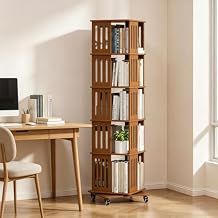 5 Tier Rotating Bookshelf Tower on Wheels, Wood Spinning Bookcase, Bamboo Revolving Book Shelf, Narrow Bookshelves for Small Space, Corner, Bedroom, and Living Room - Walnut