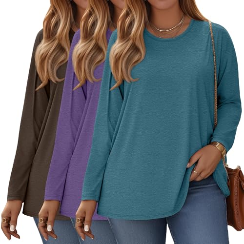 3 Pack Women's Plus Size T Shirt Long Sleeve Cotton Crew Neck Top Casual Basic Loose Fit Fall Tees Tunic Outfit