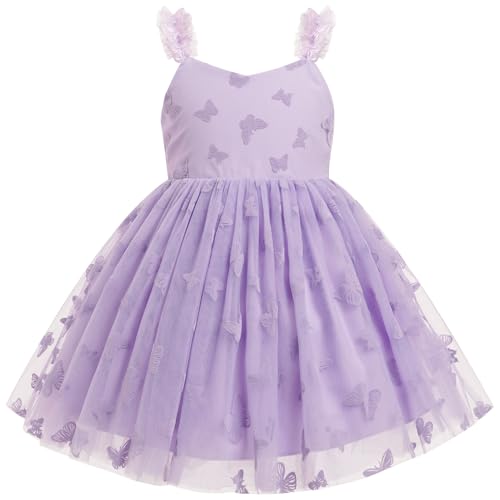 IDOPIP Toddler Baby Girls Butterfly Tutu Dress Summer Sleeveless Backless Princess Butterfly 1st Birthday Party Dresses Little Girl First Communion Pageant Casual Tulle Sundress Purple 6-7 Years