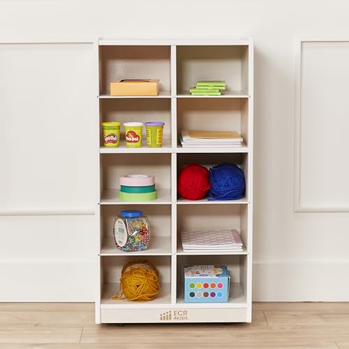 Image of ECR4Kids 10 Cubby Mobile Tray Storage Cabinet, 5x2, Classroom Furniture, White Wash