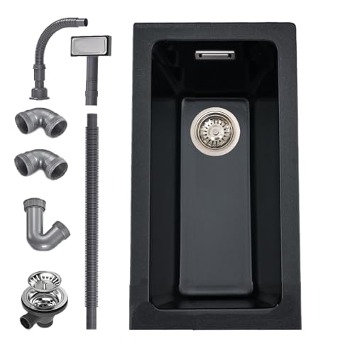 iAnomla Évier Cuisine en Quartz Noir, 25 X 45 cm, Évier Simple en Composite Encastré/Sous Plan, Évier Commercial Avec Trop-Plein, Kit de Déchets, Adapté Aux Postes de Travail et Aux Évier de Bar