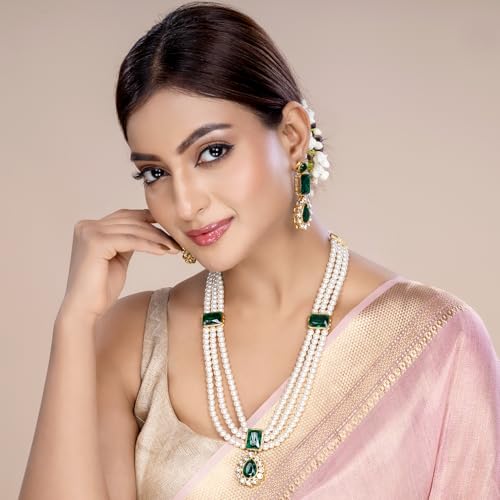 Image of Peora Crystal Faux Pearl Kundan Necklace & Jewellery Set Gift for Women