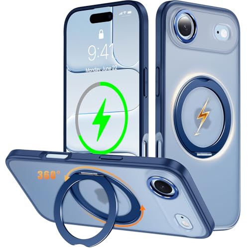 iPhone Air 用 ケース Magsafe対応 ワイヤレス充電 360°回転スタンド 縦横両対応 Gunwon スマホケース いphone Air 用 米軍規格 耐衝撃 半透明 マット感 マグセーフ 防指紋 リング マグネット搭載 アイフォン エア 用 カバー「ブルー」
