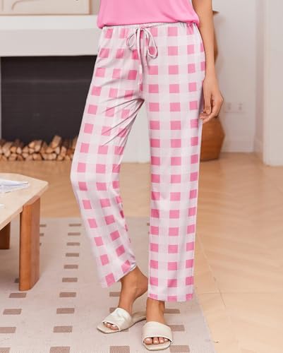 Image of Ekouaer Pajama Sets for Women Round Neck Pjs Short Sleeve Sleepwear with Long Pants Loose Lounge Sets