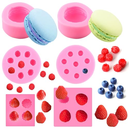6 moldes 3D para velas de fondant de frutas, molde de fresa, chocolate, galletas, alimentos, macarrón, morera, arándanos, cera derretida, moldes de bomba de baño para decoración de velas de gelatina