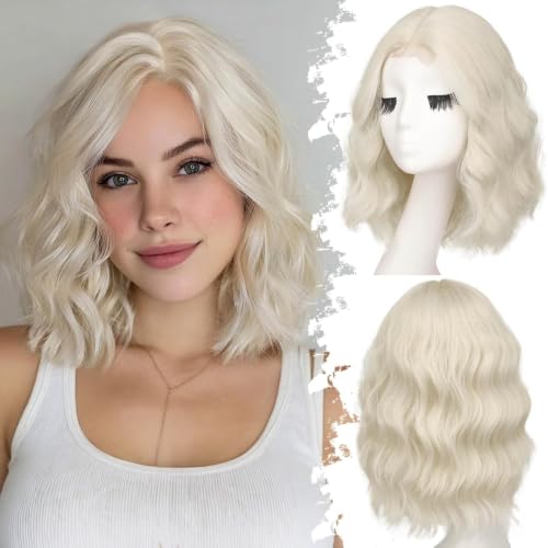 Image of Eawwii Wigs for Women Platinum Blonde,Short Wavy Synthetic Lace Wig
