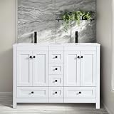 eclife 48' Bathroom Vanities with Sink Combo, Modern Thickened Wood Bathroom Storage Cabinet w/Undermount White Double Sink, Matte Black Faucet Drain, Solid White-1
