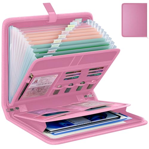 Fireproof Accordion File Organizer, Portable Expanding File Folder with Waterproof Zipper&Labels, Pink Document Organizer with 13 Pockets, File Organizer for Important Document/Paper Storage