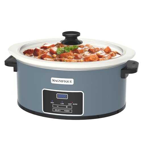 MAGNIFIQUE 7-Quart Programmable Slow Cooker with Timer Keep Warm - Small Kitchen Appliance for Family Dinners - Serves 6+ People (Blue)