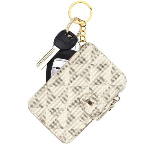 Image of M-Plateau RFID Blocking Slim Card Holder with Key Ring for Women | PU Leather Keychain Wallet with ID Window & Zipper Pocket, Credit Card Case for Daily Carry (Off White)