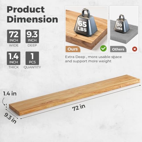 Image of RICHFOCUS Elm Floating Shelves for Wall - 72 inch W x 9.3 inch D Rustic Solid Wood Shelves with Invisible Bracket, Wall-Mounted for Living Room, Bedroom, Kitchen Storage & Display, Set of 1, Natural