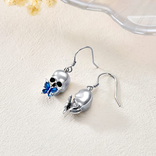 Pendientes de calavera de plata hipoalergénicos con mariposa 3