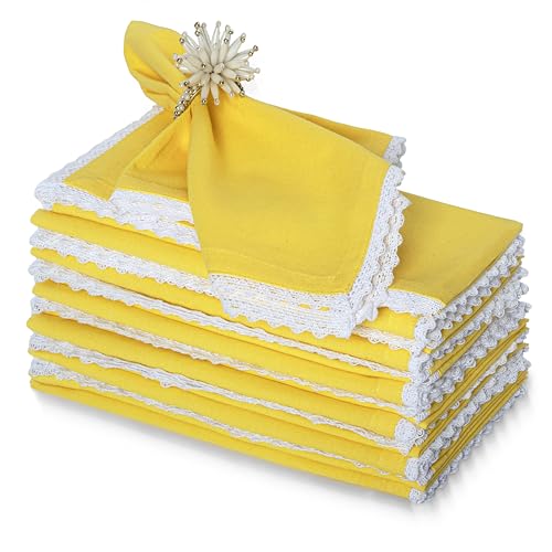 FINGERCRAFT Lace Cloth Napkins, Cotton Linen, 4 Pack, 20x20 Inch,Yellow