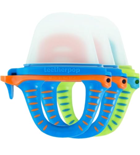 Teetherpop Fillable Silicone Teether for Babies (3-Pack) – Breastmilk Popsicle Molds for Teething w/Spill-Proof Sippy Slits – Freezable Baby Teethers for Liquids & Purées (BlueOrange/LimonTeal)