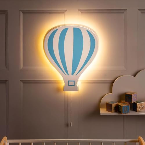 Veilleuse Marco Paul en forme de ballon bleu pour enfants – Veilleuse murale en bois blanc avec cordon de tirage – Veilleuse LED à piles pour décoration...