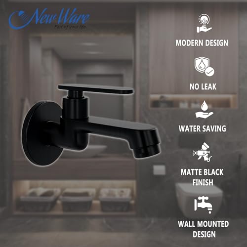Image of New Ware Brass Bib Cock Tap Matte Black 5.5 Inch | Wall Mount Faucet with Flange | Bathroom Kitchen Sink Water Tap