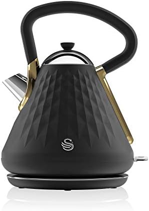 Swan Gatsby Black and Gold 1.7 Litre Pyramid Kettle, 3 KW Rapid Boil, Diamond Pattern Design, Matte Black with Gold Accents, SK14080BLKN
