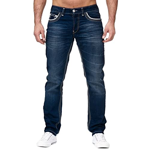 GOKKILRW Jeans for Men Relaxed Fit Straight Leg Skinny Jeans Stretch Casual Flat Front Classic Tapered Leg Moto Biker Jeans