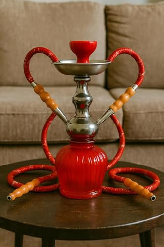 Image of FAB HOME DECOR QT Econo Dual Hose Hookah | Designer Double Pipe Aluminium Stem 12 Inch Glass, Steel Hookah Set For Heavy Smoke | Perfect for Party Lovers (Red)