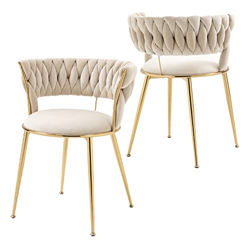 Modern Velvet Dining Chairs Set Of 2, Upholstered Living Room Chair With Woven Back And Golden Metal Legs, Mid-Century Accent Side Chair For Dining Room, Living Room, Kitchen, Vanity Room, Ivory #TOP9