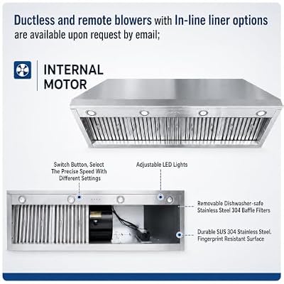 CHETTO C Black Stainless Steel Range Hood with High CFM Vent Hood Insert 4-Speed Settings Baffle Filter LED Lights 60"W x24"D x57"H Wall Mount