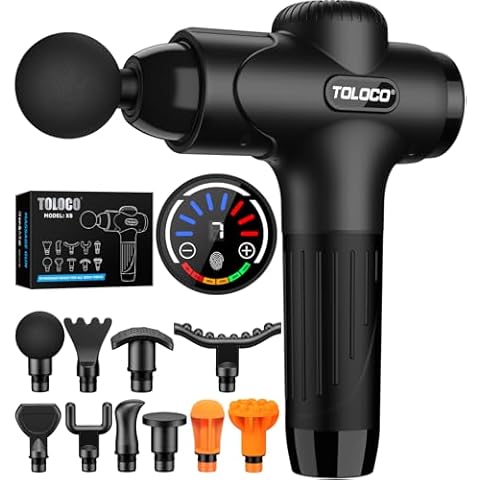 TOLOCO Massage Gun, Massage Gun Deep Tissue, Percussion Massage Gun with 10 Replacement Heads, Super Quiet Portable Electric Massager for Athletes, Relax, Black Cover