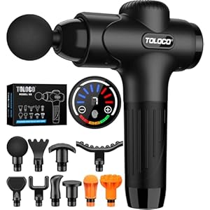 TOLOCO Massage Gun Deep Tissue, Percussion Massage Gun with 10 Replacement Heads, Super Quiet Portable Electric Massager for Athletes, Relax, Black