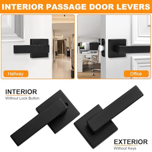 Passage Door Handles Matte Black Door Knobs, Interior Door Knobs Square Heavy Duty Non-Locking Handlesets Hall Closet Handles, Reversible for Right & Left Sided Doors, 1 Pack
