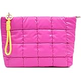 Beayuva Puffer Quilted Makeup Bag Travel Cosmetic Bag Portable Puffy Checkered Toiletry Pouch Skincare Organizer Purse Pencil Case (Hot Pink)