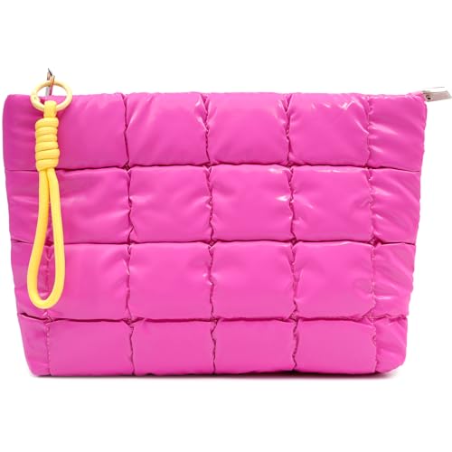 Beayuva Puffer Quilted Makeup Bag Travel Cosmetic Bag Portable Puffy Checkered Toiletry Pouch Skincare Organizer Purse Pencil Case (Hot Pink)