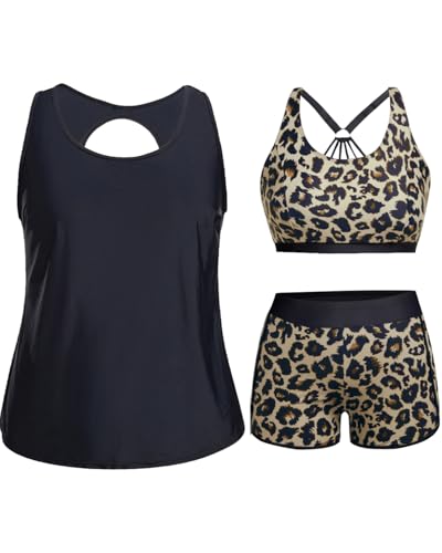 Image of Holipick Women Plus Size Swimsuits - Athletic 3 Piece Tankini with Shorts