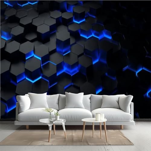 GAROLINAPW Vintage Wallpaper 3D Futursitics Rendering Blue Black Abstract Honeycomb Hexagon Wall Mural Peel and Stick Canvas Art Wall Mural Decor Self- Adhesive Wallpaper for Bedroom Living Room