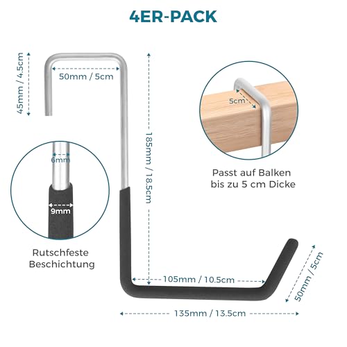 Winter Shore Große Garage-Haken zum Einhängen (4er-Pack) - Robuste Leiter-, Pflanzen-, Seil- & Fahrrad Aufhängung für Deckenbalken & Sparren - Rutschfeste Vinylbeschichtung - Je 22,5 kg Tragkraft