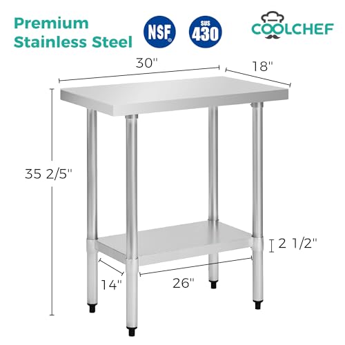 Image of COOLCHEF Stainless Steel Work Table 18 x 30 Inch, NSF Commercial Prep Table with Undershelf, Heavy Duty Food Prep Workstation