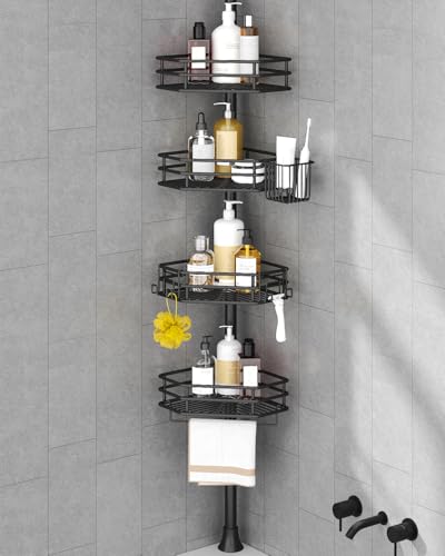 Image of SEIRIONE Corner Shower Caddy Tension Pole, Quick Setup, Rust-Free Bathroom Shower Organizer Corner for Bathtub Shampoo Storage, 4-Tier Adjustable Shelf, Drill Free, Fits 34 to 116 Inch Height, Black