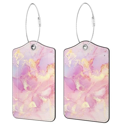 Handlein 2 Pack PU Leather Luggage Tags for Suitcases, Privacy Protection Cover with Stainless Steel Loop and Address Card, Travel Cruise Essentials (Pink Gold Marble 2)