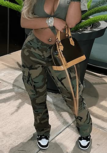 Womens Camo Cargo High Waist Pants Camouflage Military Elastic Trousers with Pockets4