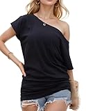 Teepie Short Sleeve Shirts for Women 2025 Summer Sexy Off Shoulder Tops Batwing Boat Neck Casual Dressy Blouses Black L