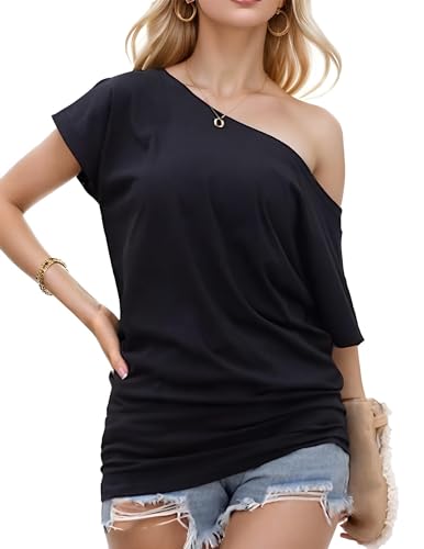 Short Sleeve Shirts for Women Off The Shoulder Oversized Tshirts Date Night Flowy Boat Neck Tops
