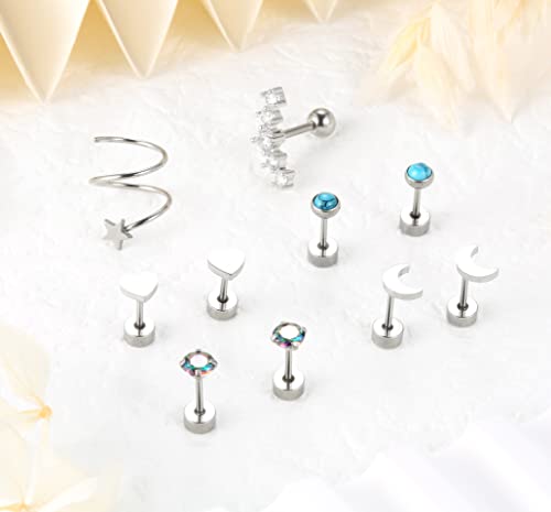 Leocuci Surgical Stainless Steel Stud Earrings For Women Men Cartilage Earring Small Flat Back Earrings Set With Screw Back For Cartilage Ears Multipack Silver Color #TOP1