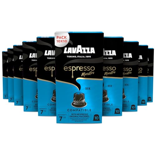 Lavazza, Espresso Maestro Dek, 100 Aluminium-Kapseln Kompatibel mit Nespresso Original Maschinen, Noten von Schokolade & Trockenfrüchten, Arabica & Robusta, Intensität 7/13, Mittlere Röstung