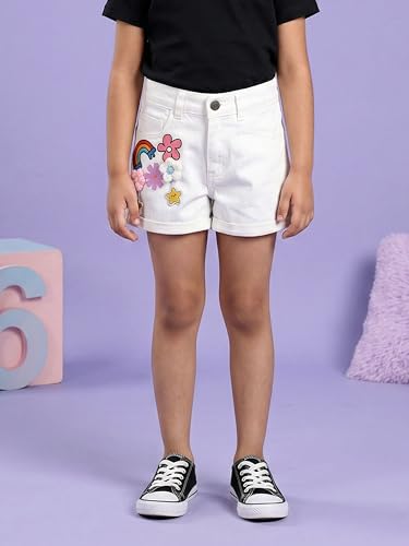 Image of KiddoPanti Girls Tight Length Rollup Denim Shorts with Lavender and Pink 3D Crochet Flowers