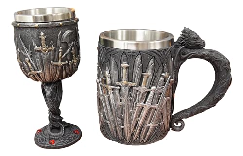 Ebros Set of 2 Medieval Valyrian Steel Blade Swords Wine Goblet Chalice With Entwined Dragons Stem And Iron Throne Dragon Tankard Mug Fantasy GOT Themed Accessory Party Prop Decors