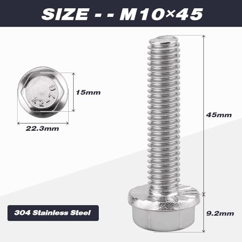 Image of M10-1.5 x 45mm (8 pcs) Flanged Hex Bolts, 304 Stainless Steel 18 /8, Large Washer Head Automotive Screws for Car Parts & Machinery Replacement