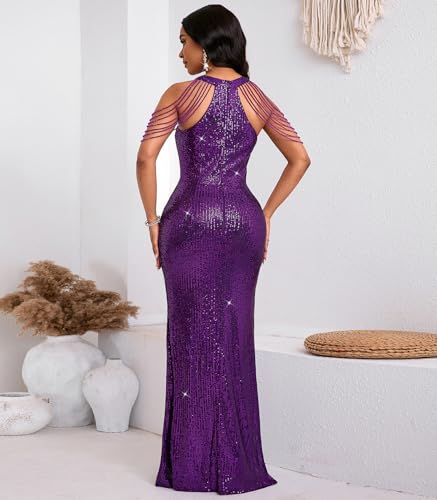Image of Cololura Women Sexy Elegant Sequin Tassel Off Shoulder Halter Bodycon Maxi Dress Party Evening Gown Formal Dress