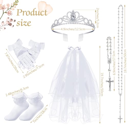 Toulite 8 Pcs First Communion Dress for Girl Set Veil Rhinestone Crown Satin Gloves Sock Rosary Necklace Bracelet Skirt Brace2