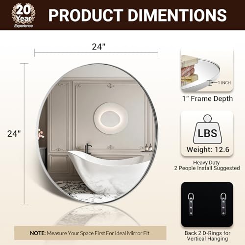 Image of ANDY STAR Round Bathroom Mirror, 24'' Polished Chrome Round Bathroom Mirrors in Stainless Steel Metal Frame 1 inch Deep Set Design 7