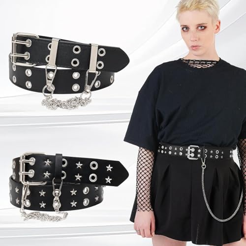 Y2K Goth Punk Belt, Studded Star Belt with Chain, Double Grommet for Women and Men4