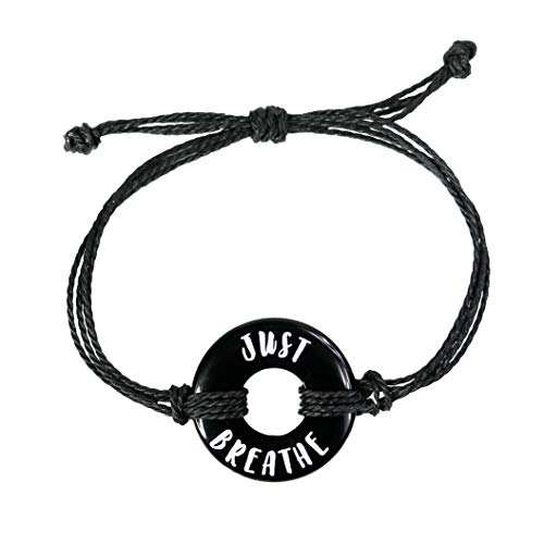 Life Token Engraved Message Just Breathe Black Onyx Novelty Jewelry Gift Adjustable Bracelet
